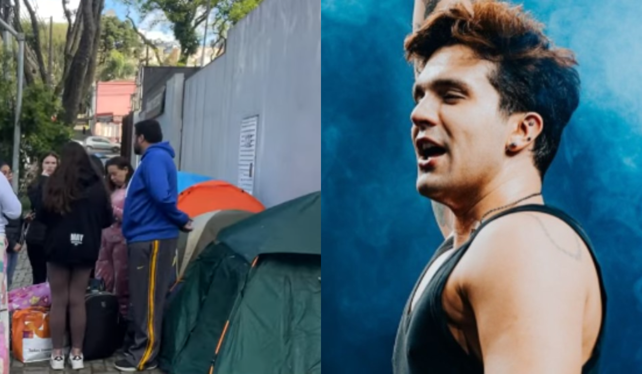 Imagem das fãs acampadas e do Luan Santana.