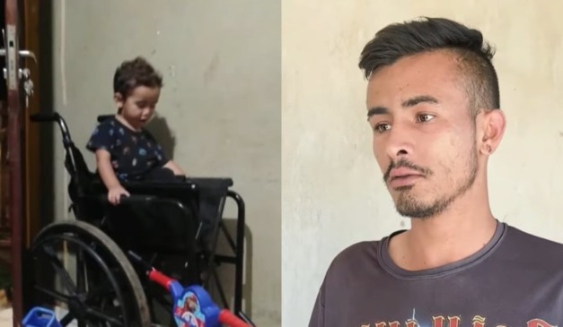 Criança que estava desaparecida em cadeira de rodas e tio chorando pela morte em montagem