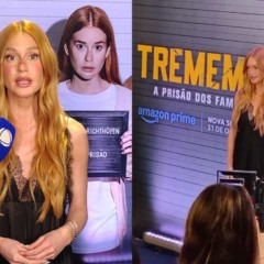 Montagem com fotos de Marina Ruy Barbosa na estreia da série Tremembé