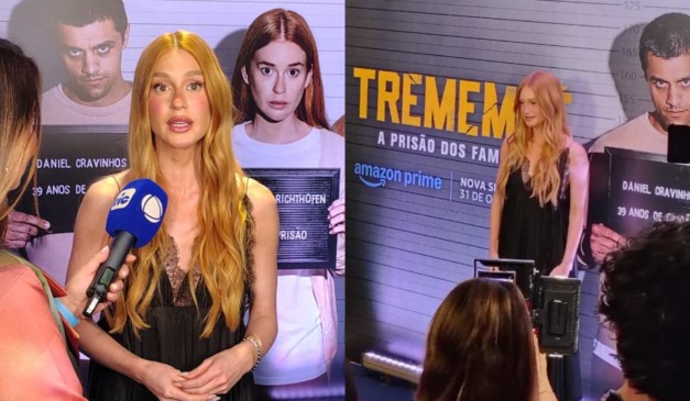 Montagem com fotos de Marina Ruy Barbosa na estreia da série Tremembé