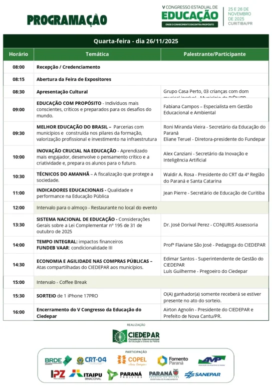 Programação do Congresso Estadual de Educação 