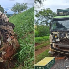 Carro e caminhão após batida que provocou a morte de jovem, de 20 anos