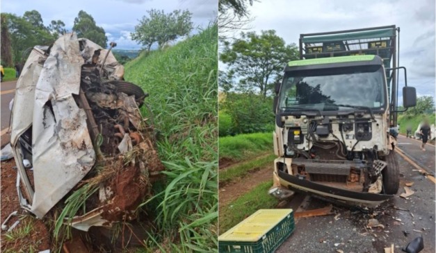 Carro e caminhão após batida que provocou a morte de jovem, de 20 anos