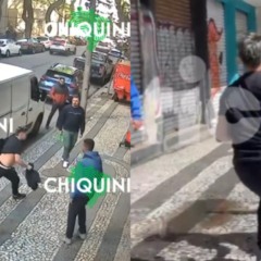 À esquerda, momento em que Renato Freitas e parlamentar agridem Weslley no Centro de Curitiba; à direita, Renato e Weslley em troca de socos