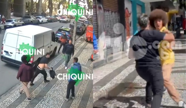 À esquerda, momento em que Renato Freitas e parlamentar agridem Weslley no Centro de Curitiba; à direita, Renato e Weslley em troca de socos