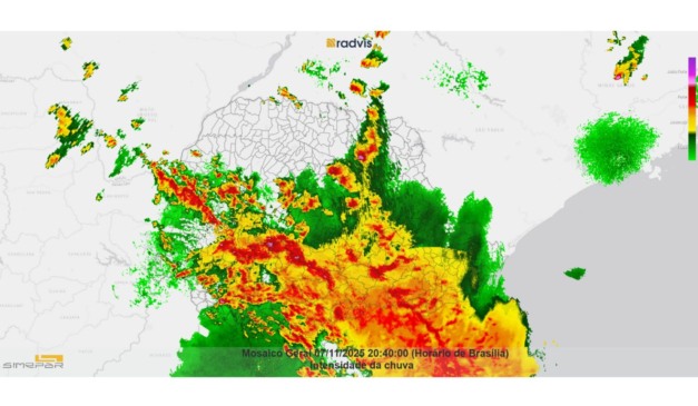 Mapa do Simepar mostra temporal concentrado no Oeste do Paraná