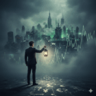 Um homem de terno está de costas, olhando para uma cidade moderna e nebulosa no horizonte, com gráficos financeiros e alguns dados digitais em neon verde sobrepostos à paisagem urbana. Ele segura uma antiga lanterna a querosene, iluminando ligeiramente o caminho à sua frente, que é um piso escuro com símbolos de moedas (como euro, dólar, yen) e pontos de interrogação desenhados, sugerindo um caminho incerto e desafiador. A atmosfera é misteriosa e um pouco sombria, com nuvens pesadas no céu