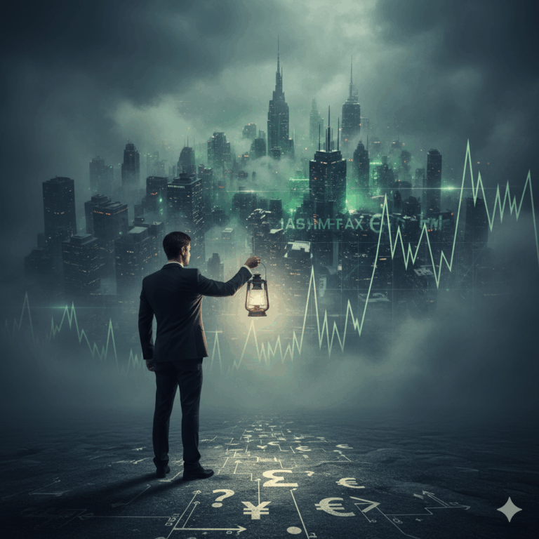 Um homem de terno está de costas, olhando para uma cidade moderna e nebulosa no horizonte, com gráficos financeiros e alguns dados digitais em neon verde sobrepostos à paisagem urbana. Ele segura uma antiga lanterna a querosene, iluminando ligeiramente o caminho à sua frente, que é um piso escuro com símbolos de moedas (como euro, dólar, yen) e pontos de interrogação desenhados, sugerindo um caminho incerto e desafiador. A atmosfera é misteriosa e um pouco sombria, com nuvens pesadas no céu