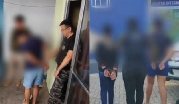 À esquerda, pai que abusou sexualmente a filha é preso pela polícia; à direita, mãe e madrasta da criança são presas