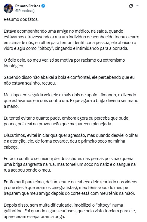 print de relato do deputado renato freitas no X