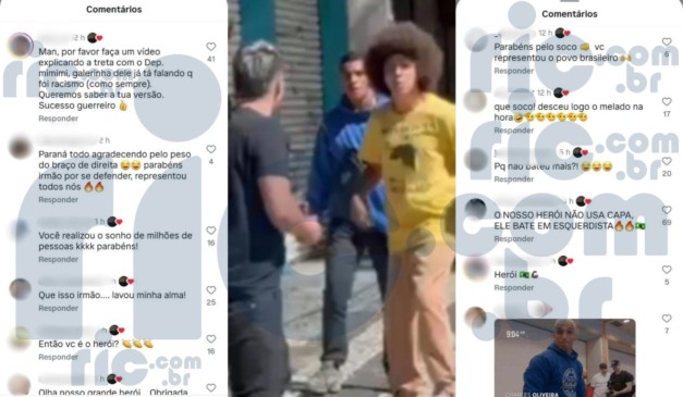 Montagem de foto com comentários sobre a briga de rua com o deputado Renato Freitas