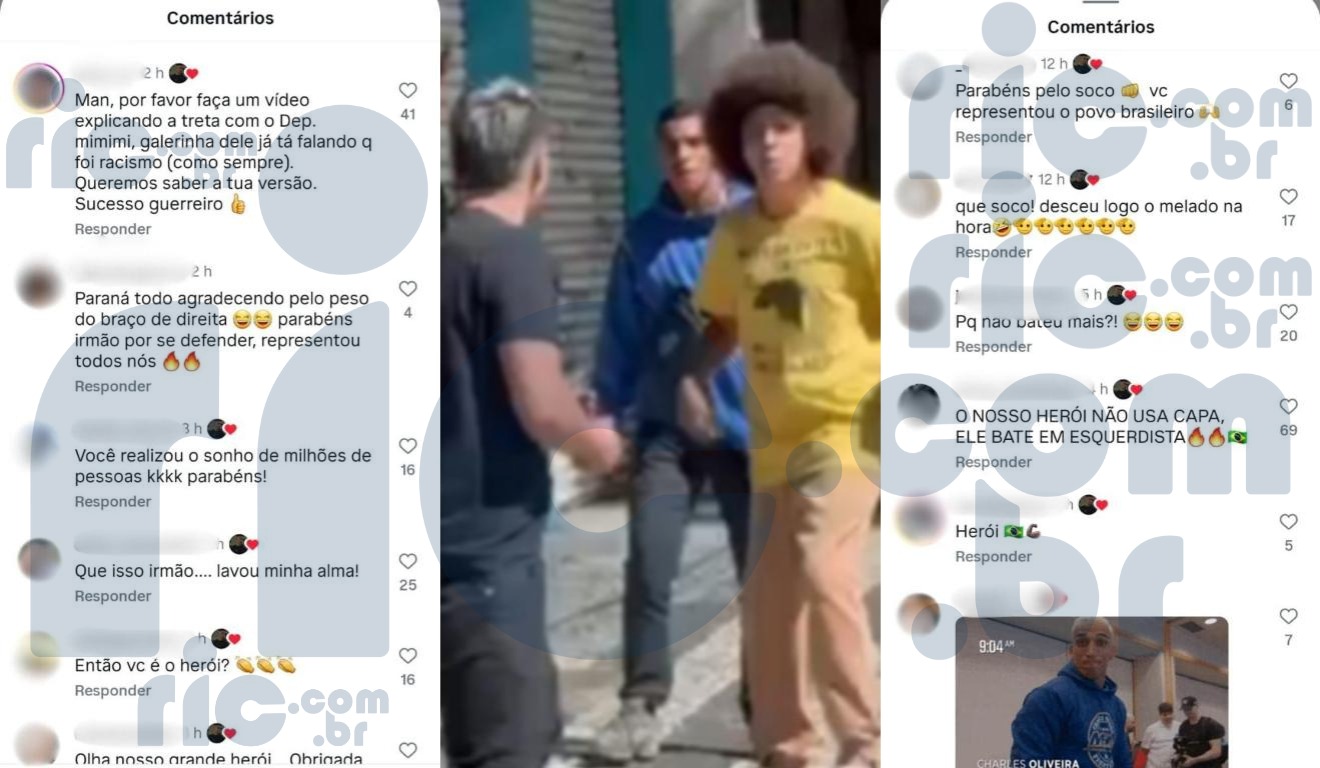 Montagem de foto com comentários sobre a briga de rua com o deputado Renato Freitas