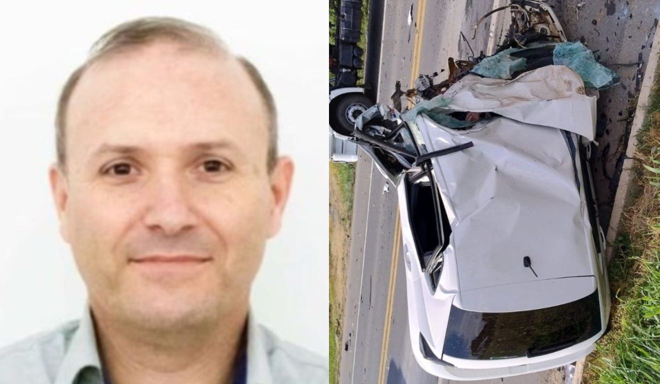 colagem com foto de Jiovane Zanotto e foto de acidente que o matou na rodovia do xisto