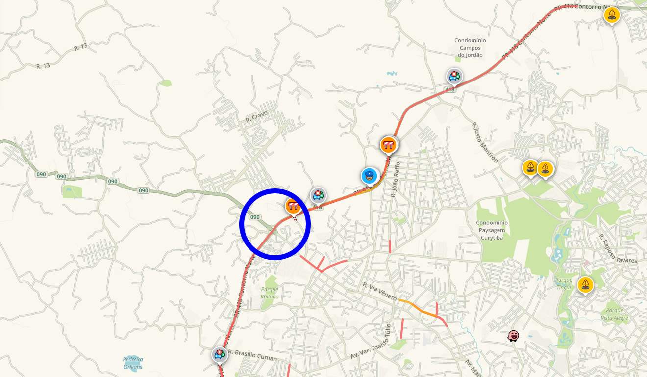Mapa da região do Contorno Norte com indicação de congestionamento