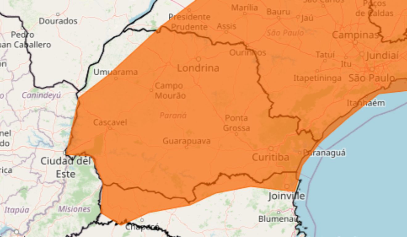 mapa do paraná sob alerta laranja para tempestades