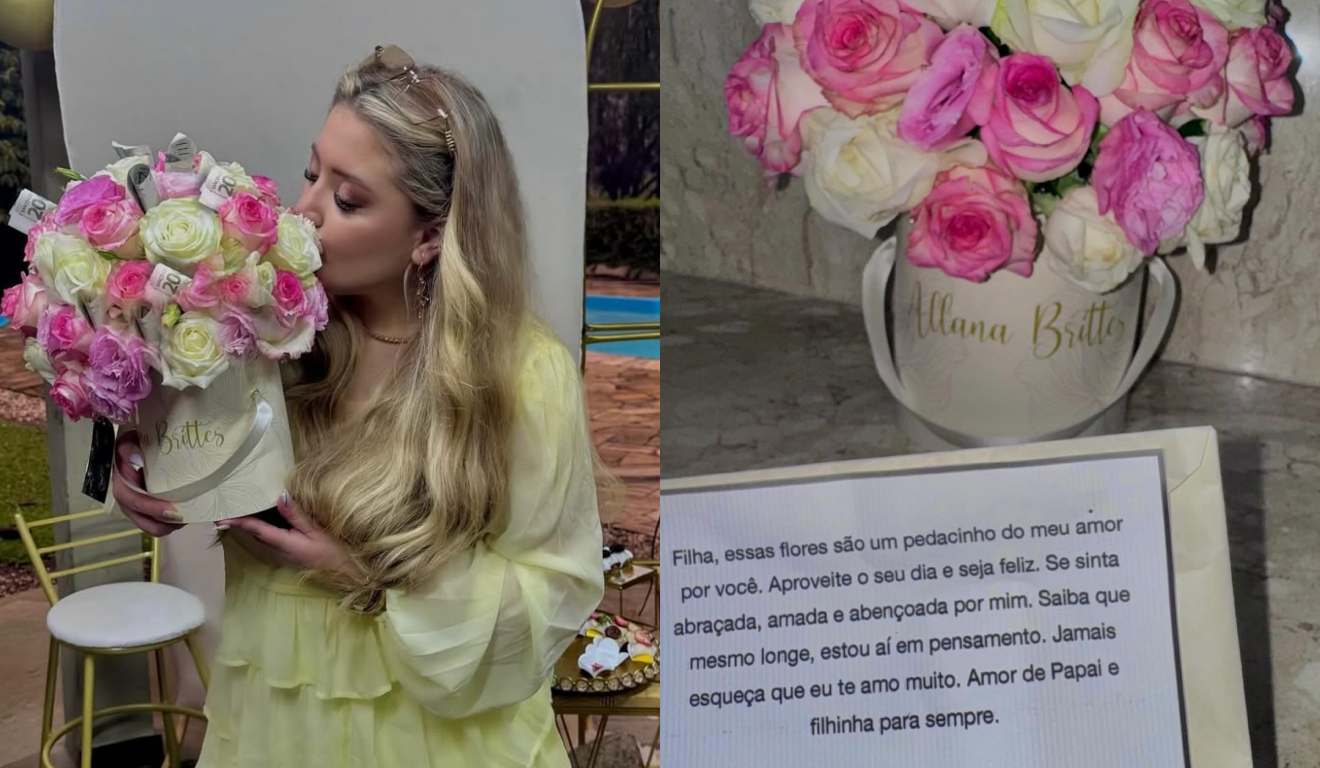 Montagem com fotos de Allana Brittes com um buquê com cédulas de dinheiro