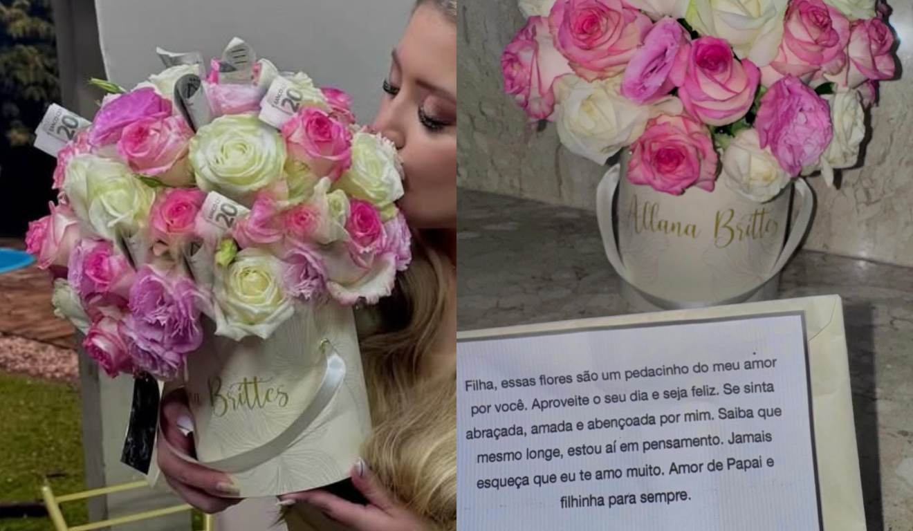 Montagem com fotos de Allana Brittes com um buquê com cédulas de dinheiro