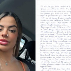 Colagem de uma selfie da Amanda Alves e da carta escrita por ela da prisão