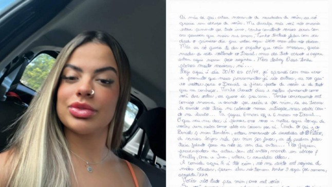 Colagem de uma selfie da Amanda Alves e da carta escrita por ela da prisão