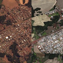 Montagem com imagem aérea de Rio Bonito do Iguaçu antes e depois de tornado