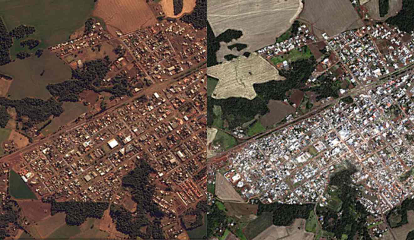 Montagem com imagem aérea de Rio Bonito do Iguaçu antes e depois de tornado