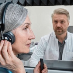 Idosa realizando exame de audiometria com médico em outra sala
