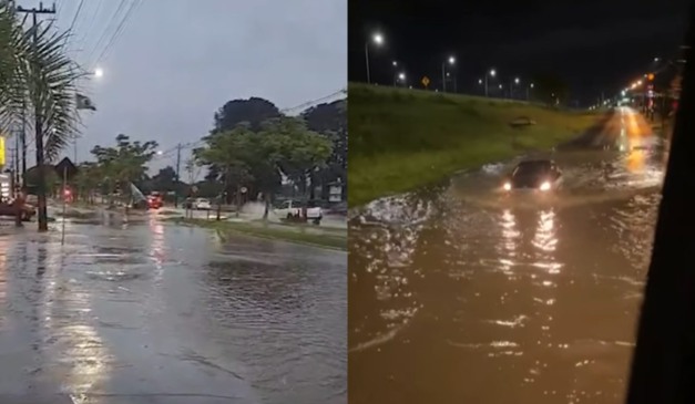 Montagem com registros da chuva em Curitiba