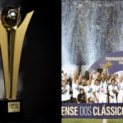 À esquerda, vemos a taça do Campeonato Paranaense 2025 e à direita, o Operário comemorando o título, tornando-se o atual campeão durante a disputa do Campeonato Paranaense 2026.