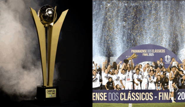 À esquerda, vemos a taça do Campeonato Paranaense 2025 e à direita, o Operário comemorando o título, tornando-se o atual campeão durante a disputa do Campeonato Paranaense 2026.