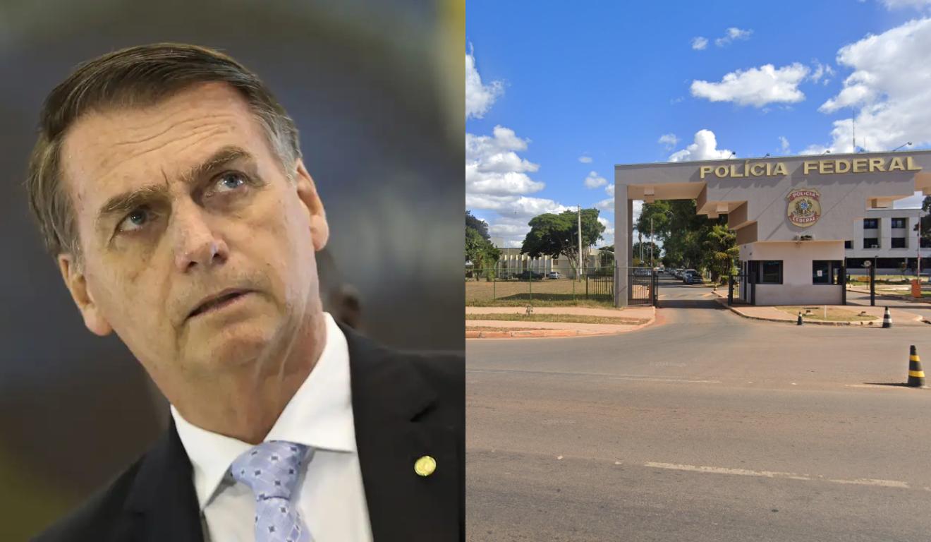 Jair Bolsonaro sério e superintendência da PF em Brasília, onde ex-presidente está preso