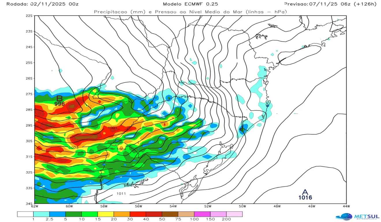 Ciclone intenso pode se formar sobre o Sul do Brasil e trazer alto risco de chuva e ventos fortes no fim da semana