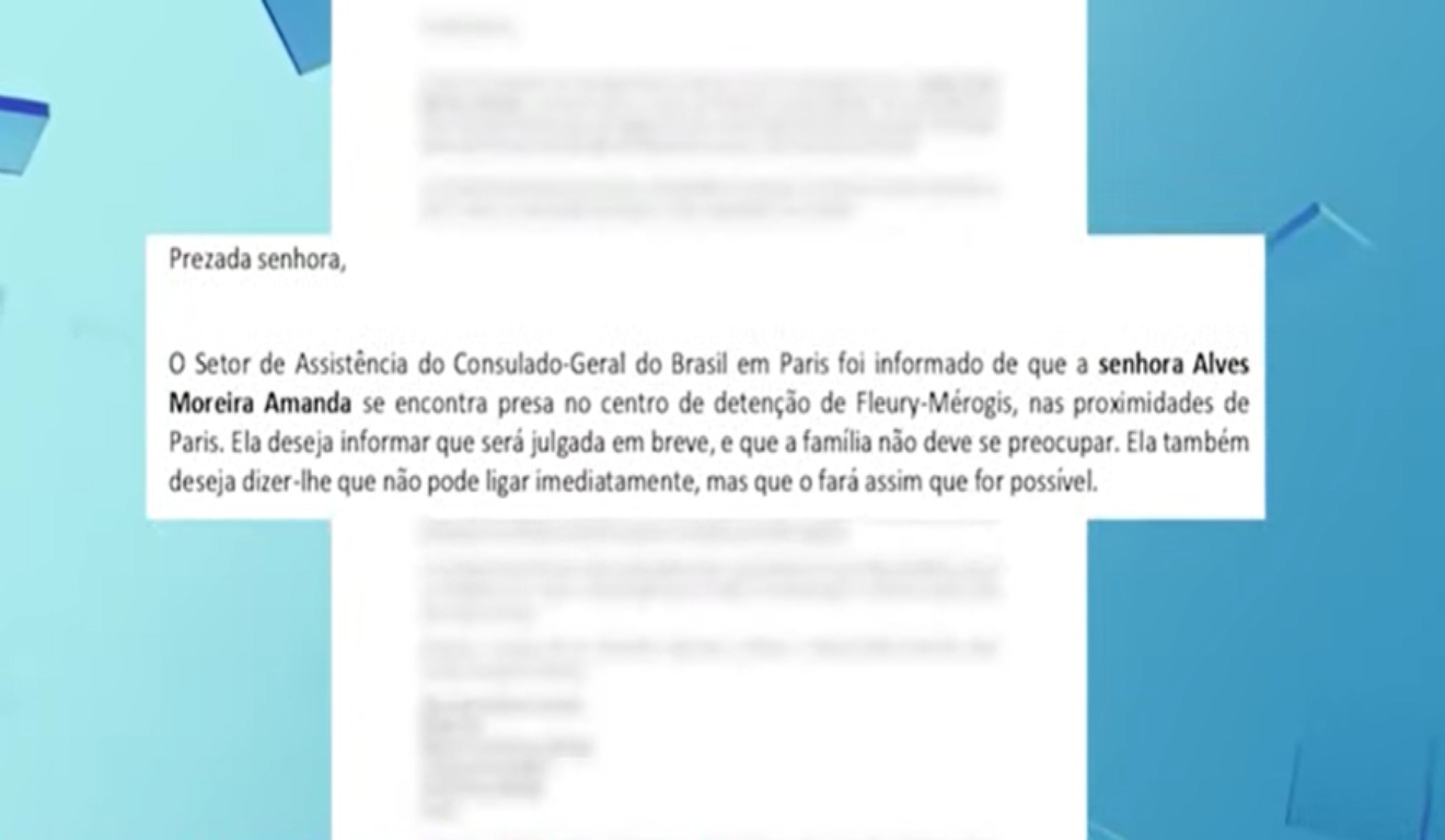imagem de comunicado oficial do Consulado-Geral do Brasil em Paris comunicando prisão de amanda alves