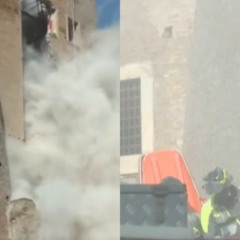 colagem com imagens do desabamento da torre medieval em roma