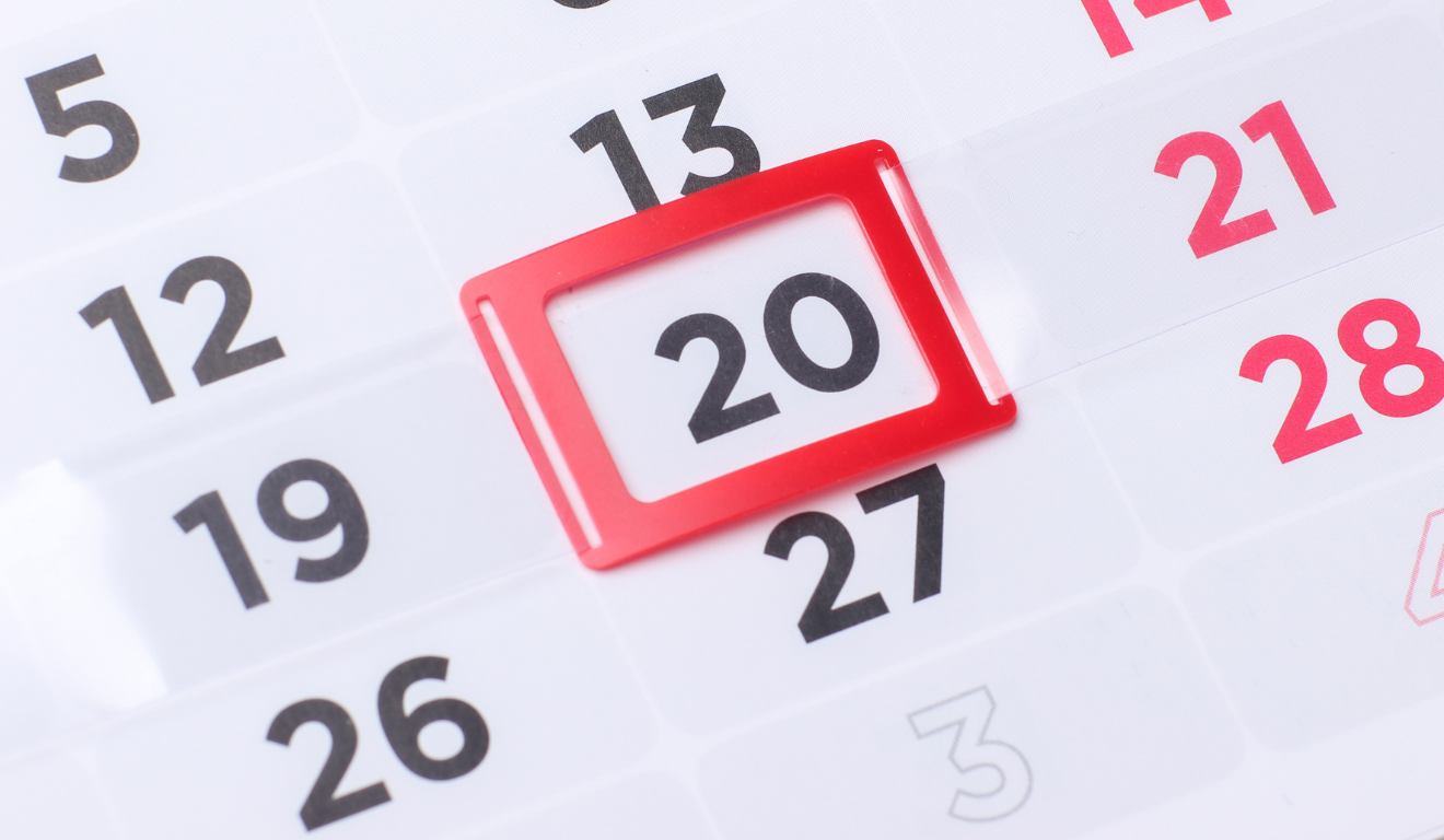 Imagem de um calendário que marca o dia vinte.