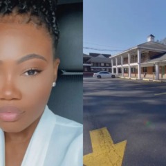 Colagem de rosto da mulher e motel.