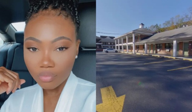 Colagem de rosto da mulher e motel.