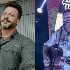 Ewerton Zanata morreu nesta segunda-feira (24). Na imagem, vemos o cantos, à esquerda, vestindo uma camisa cinza. À direita, vemos ele durante um show, com uma camisa branca. Ele segura um violão e, em sua frente, está com um microfone. Ewerton é um homem branco, de cabelo e barba pretos.