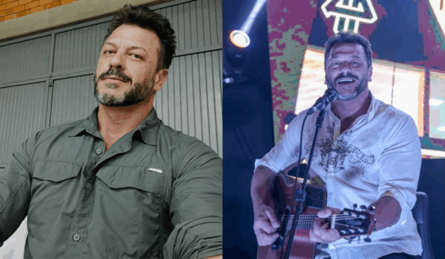 Ewerton Zanata morreu nesta segunda-feira (24). Na imagem, vemos o cantos, à esquerda, vestindo uma camisa cinza. À direita, vemos ele durante um show, com uma camisa branca. Ele segura um violão e, em sua frente, está com um microfone. Ewerton é um homem branco, de cabelo e barba pretos.