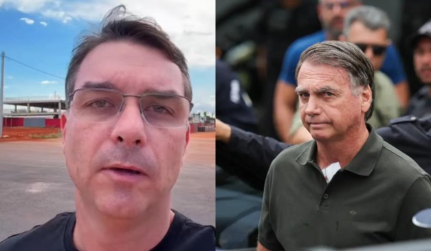Flávio Bolsonaro em vídeo no Instagram e Jair Bolsonaro ao lado em montagem