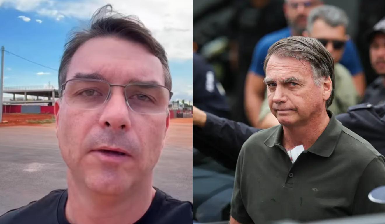Flávio Bolsonaro em vídeo no Instagram e Jair Bolsonaro ao lado em montagem