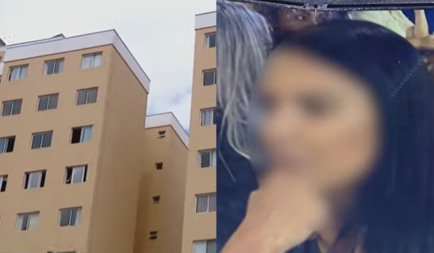 colagem com fotos de um condomínio em uberaba e a dama do golpe