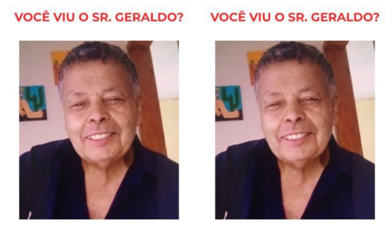colagem com fotos de Geraldo Pereira de Souza, de 80 anos, que está desaparecido