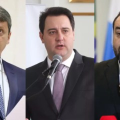 Montagem com fotos dos governadores Tarcísio de Freitas, Ratinho Jr e Claudio Castro