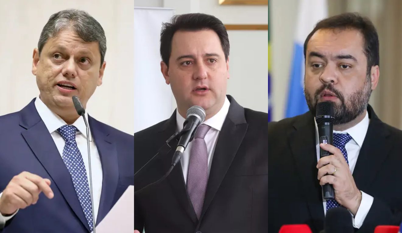 Montagem com fotos dos governadores Tarcísio de Freitas, Ratinho Jr e Claudio Castro