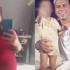 Mulher grávida morta a facadas com vestido vermelho e suspeito ao lado de criança em montagem