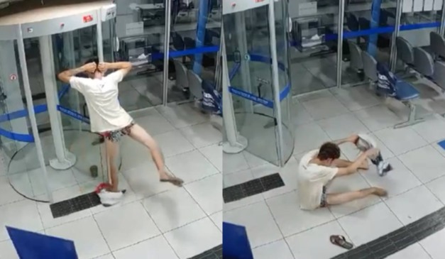 Momento em que o ladrão fica entalado e fica de cueca no banco (