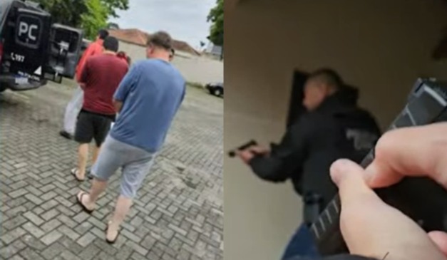 Colagem com momento em que Márcio Gabi, de 47 anos é preso por pedofilia