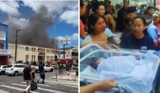 colagem com fotos do incêndio que aconteceu em fortaleza