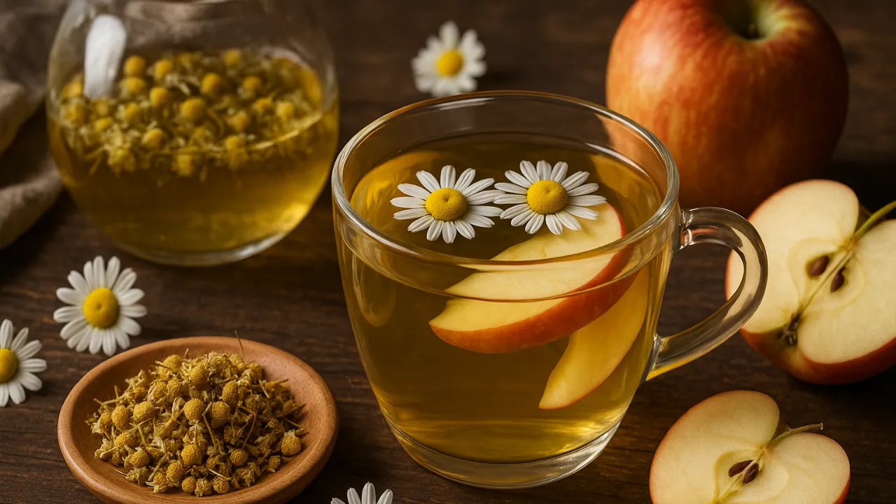 infusão com camomila e maçã para reduzir a ansiedade e acalmar o estômago irritado