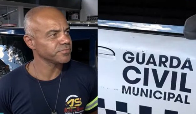 colagem com foto de Fernando de Oliveira Alves vítima de injúria racial e foto da viatura da guarda municipal de maringá